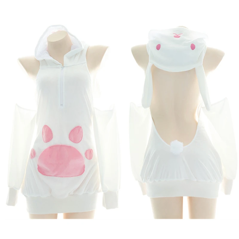 

Anime Cute Cat Hooded Dress Pajamas Unifrom Women Pink Cats Paw Backless Hoodie Cosplay Lingerie Rabbit Girl Role Play Underwear