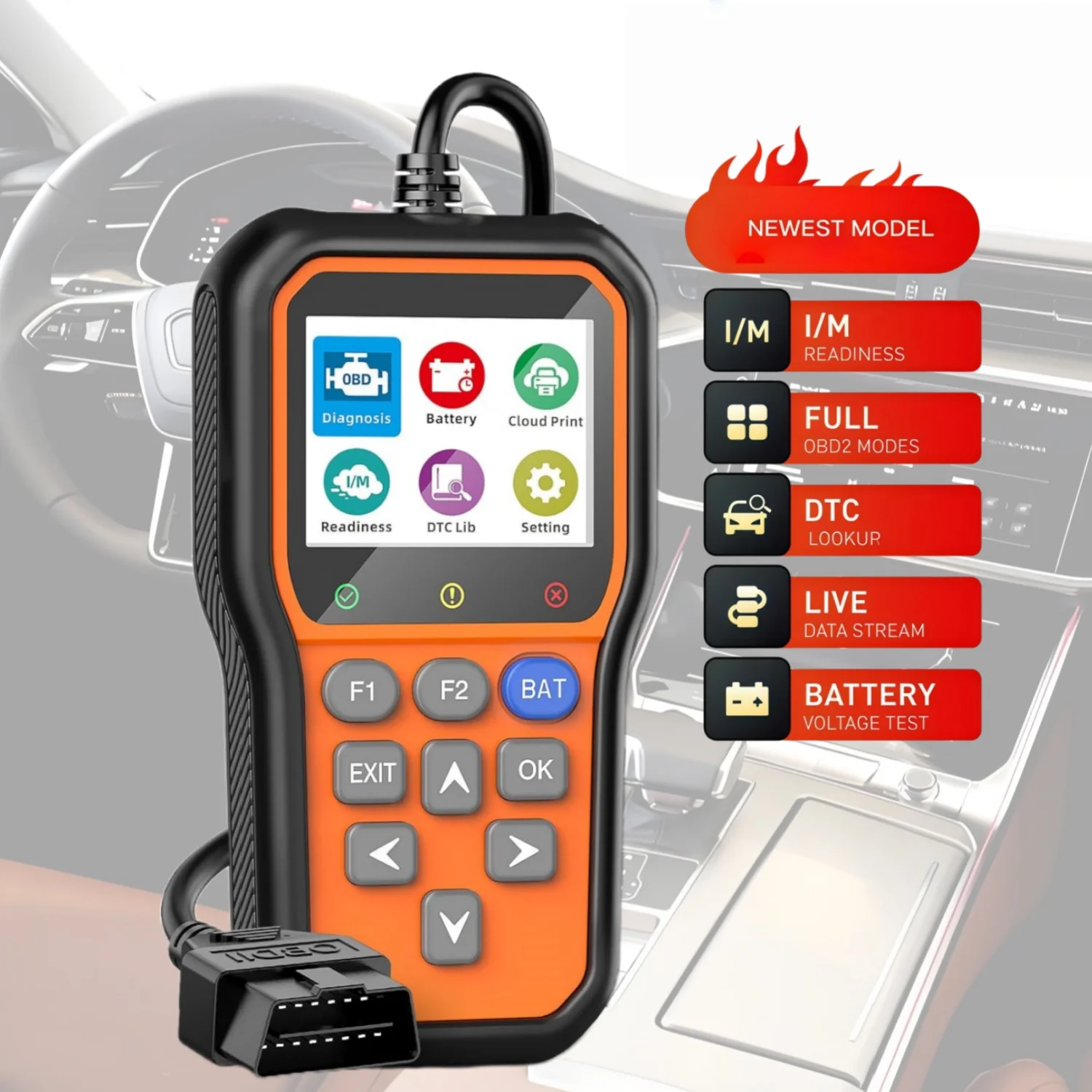 

Диагностический сканер OBD2 с тестером аккумулятора, считыватель кодов неисправностей двигателя с данными в реальном времени, облачной печатью и поиском DTC