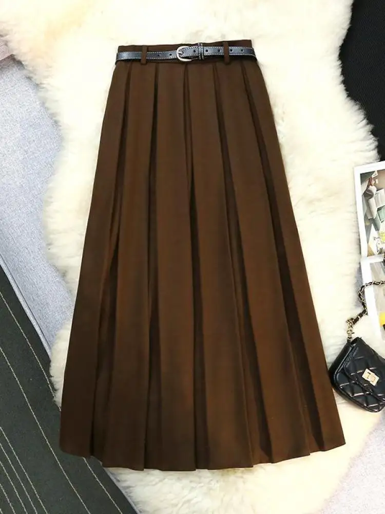 

Korean Black Woolen Skirt Women Elegant Brown Autumn Winter High Waist A-line Office Fashion Gray Zippered Pleated Long Skirts