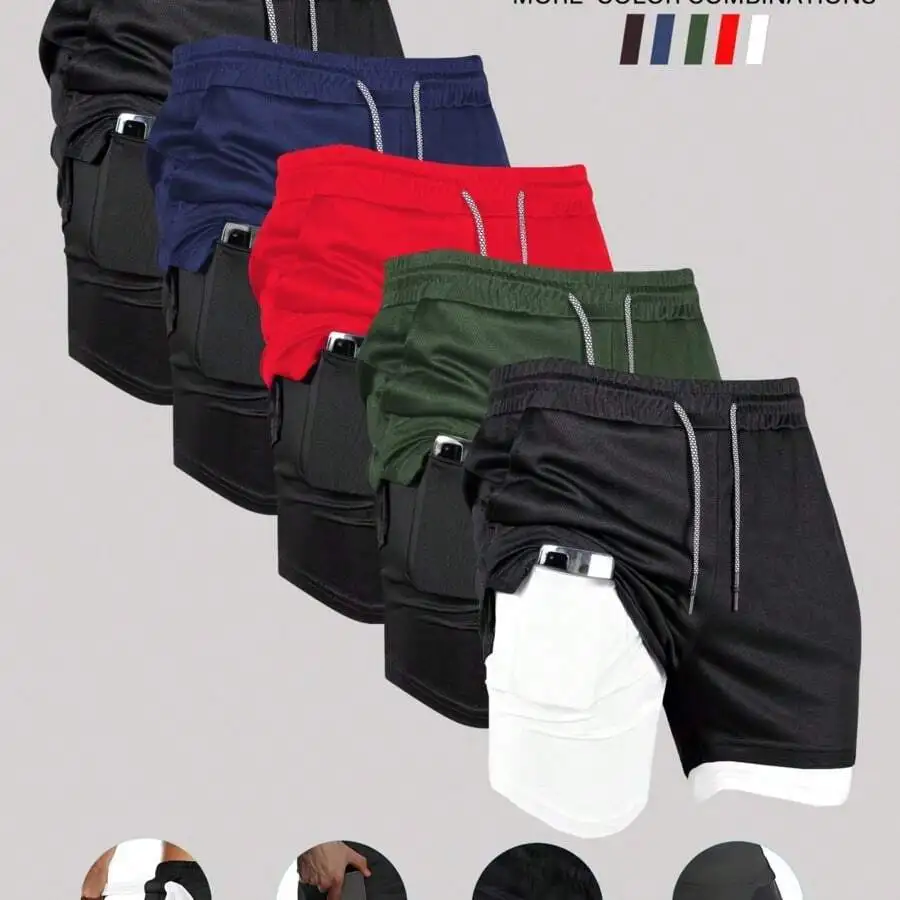 

5pcs Mens Double Layer Basketball Shorts With Phone Pocket Quick Dry Breathable Sports Casual Shorts