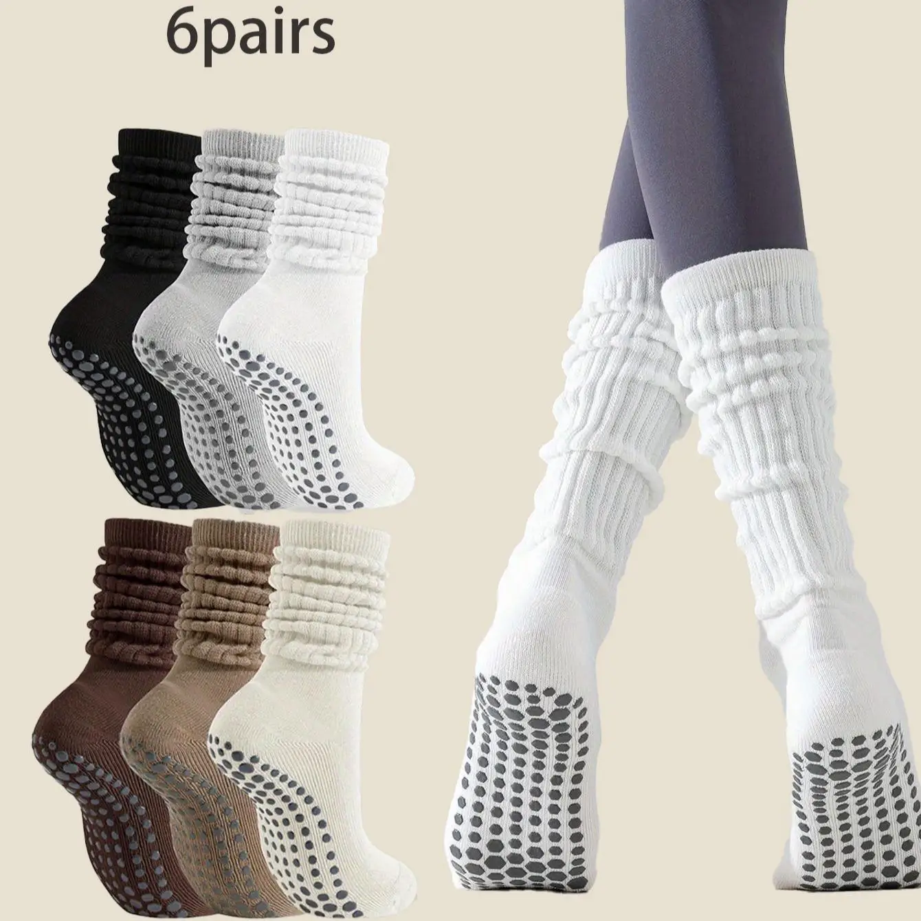 

6 Pairs Women Long Scrunch Socks with Grips Non-Slip Yoga Pilates Barre Ballet Dance Workout Socks Breathable Sweat-Wicking Slouch Crew Boot Socks Arch Support Athletic Fitness Hosiery for Running Hiking