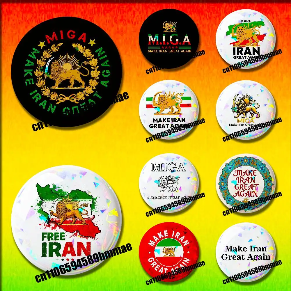 

For Iranian Make Iran Great Again Emblem Of Iran MIGA Emblem Round Pins Insignia Badge Cover Ornament 75mm Cosplay Brooch Button