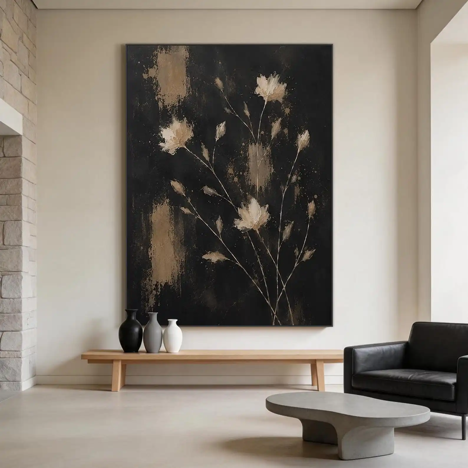 Mhemyo Large Black Floral Abstract Hand Painted Oil Painting Beige Botanical Canvas Wall Art Modern Minimalist Living Room Decor