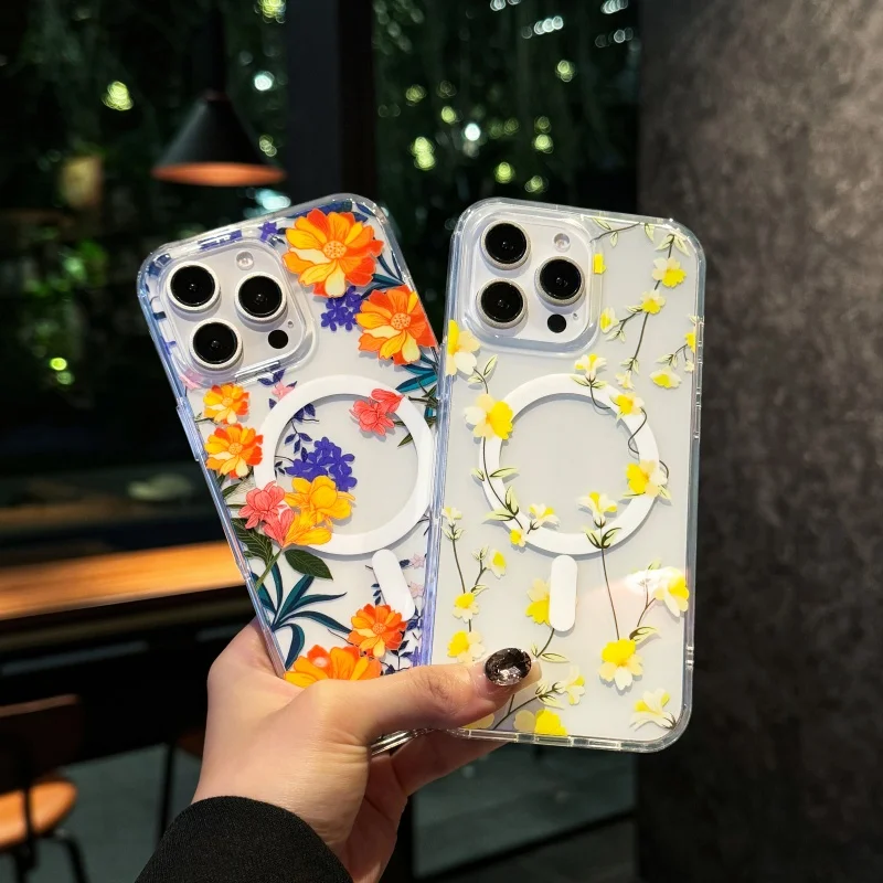 Adecuado para iPhone 16 Pro max Funda magnética para teléfono 13/14 15 Pro Max diseño floral azul y amarillo que es una funda fresca y floral