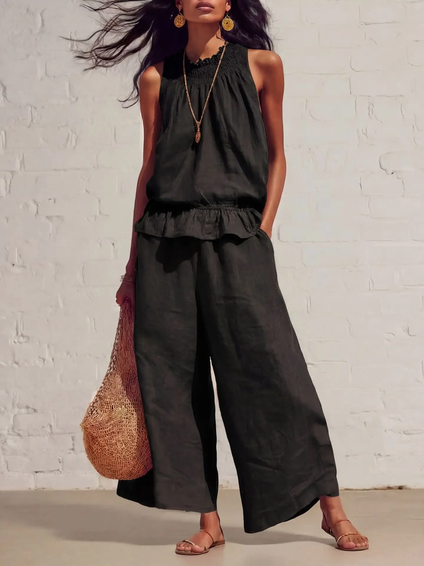 2026 Simple Pure Cotton Linen Women's Ruffled Suit Summer Outfit Sleeveless Loose Fitting Shirt Wide Leg Pants Casual Wear