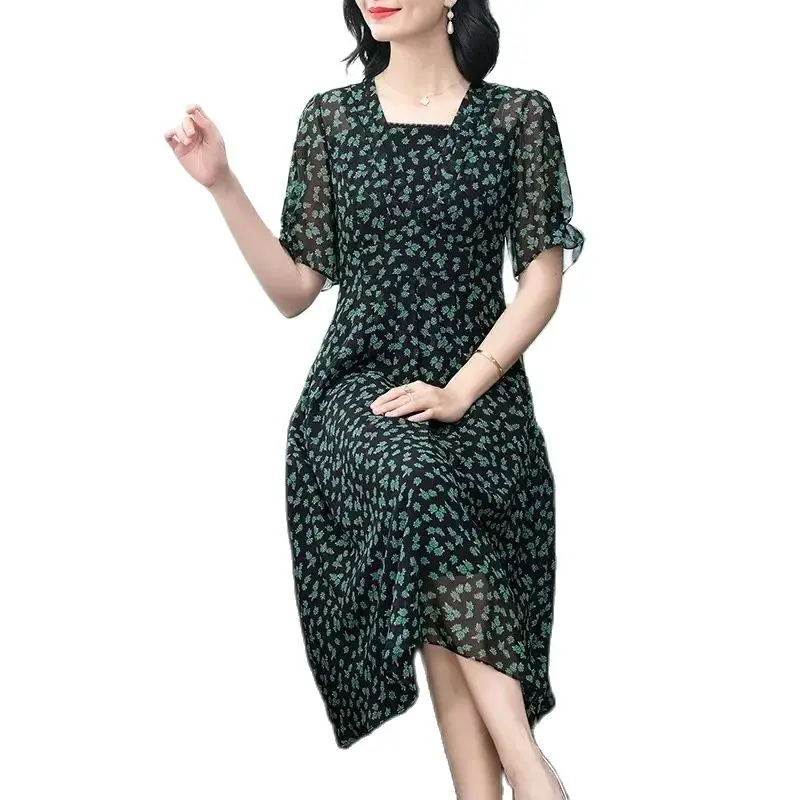 BirdTree, 100%Real Silk Elegant Dresses, Women Short Sleeve Printed, Temperament Commute Loose Mom Dress, 2024 Summer D45396QC