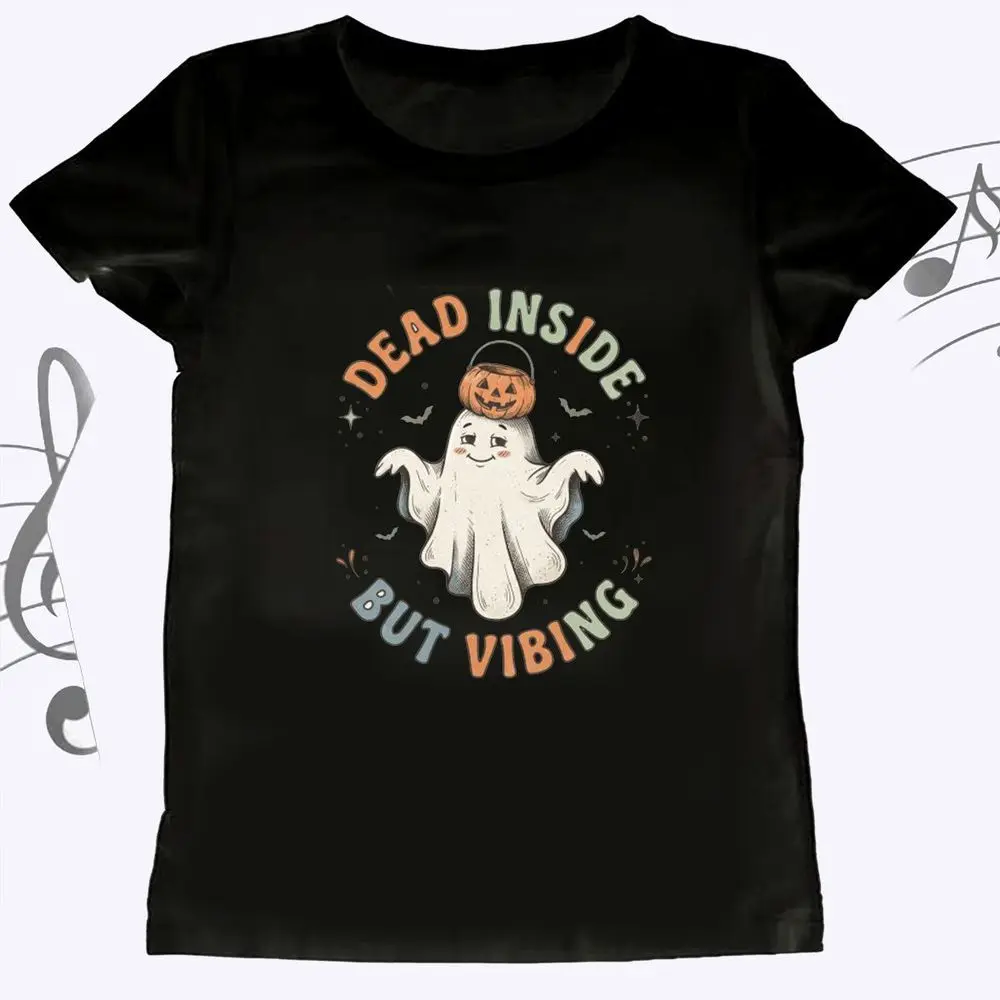 Dead Inside But Vibing Ghost Graphic Women's Oversized T-shirt Summer Short Sleeve Pumpkin Print Halloween Top Female Casual Tee