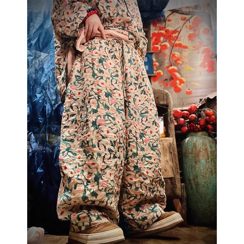 New 2025 Spring Summer Arts Style Women Elastic Waist Loose Length Pants Vintage Floral Print Linen Wide Leg Pants Top Quality