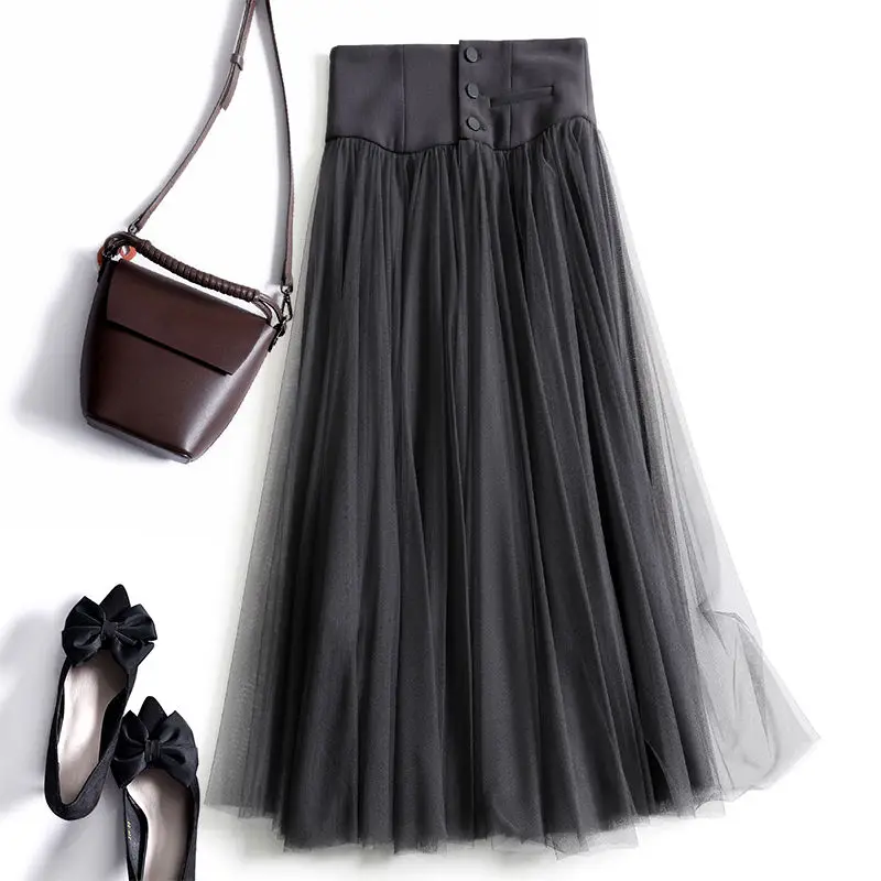 Large swing  mesh half body  A-line mid long  fashionable  women's  summer new  high waist pleated  hanging mid length skirt