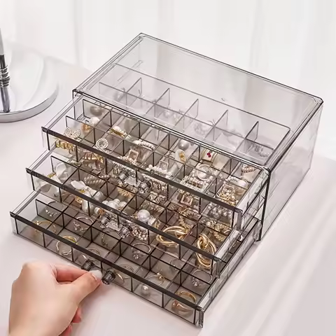 Multi-Compartment Jewelry Storage Box, Acrylic Transparent Earrings Drawer Box With Three-Layer 72-Grid High-Capacity Portable