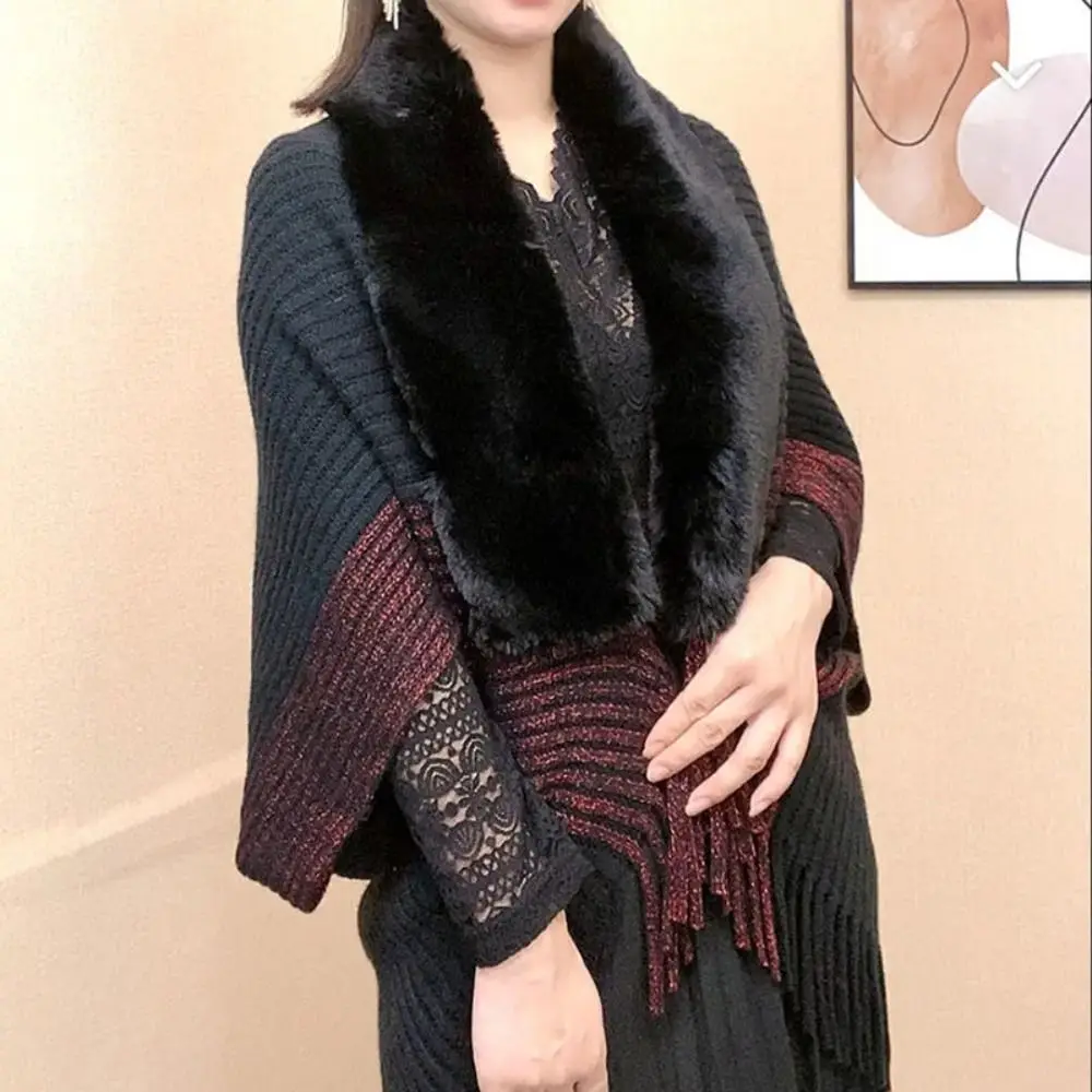 Fashion Cardigan Cape Cloak Faux Fur Collar Plush Wraps Knitting Shawl Winter Warm