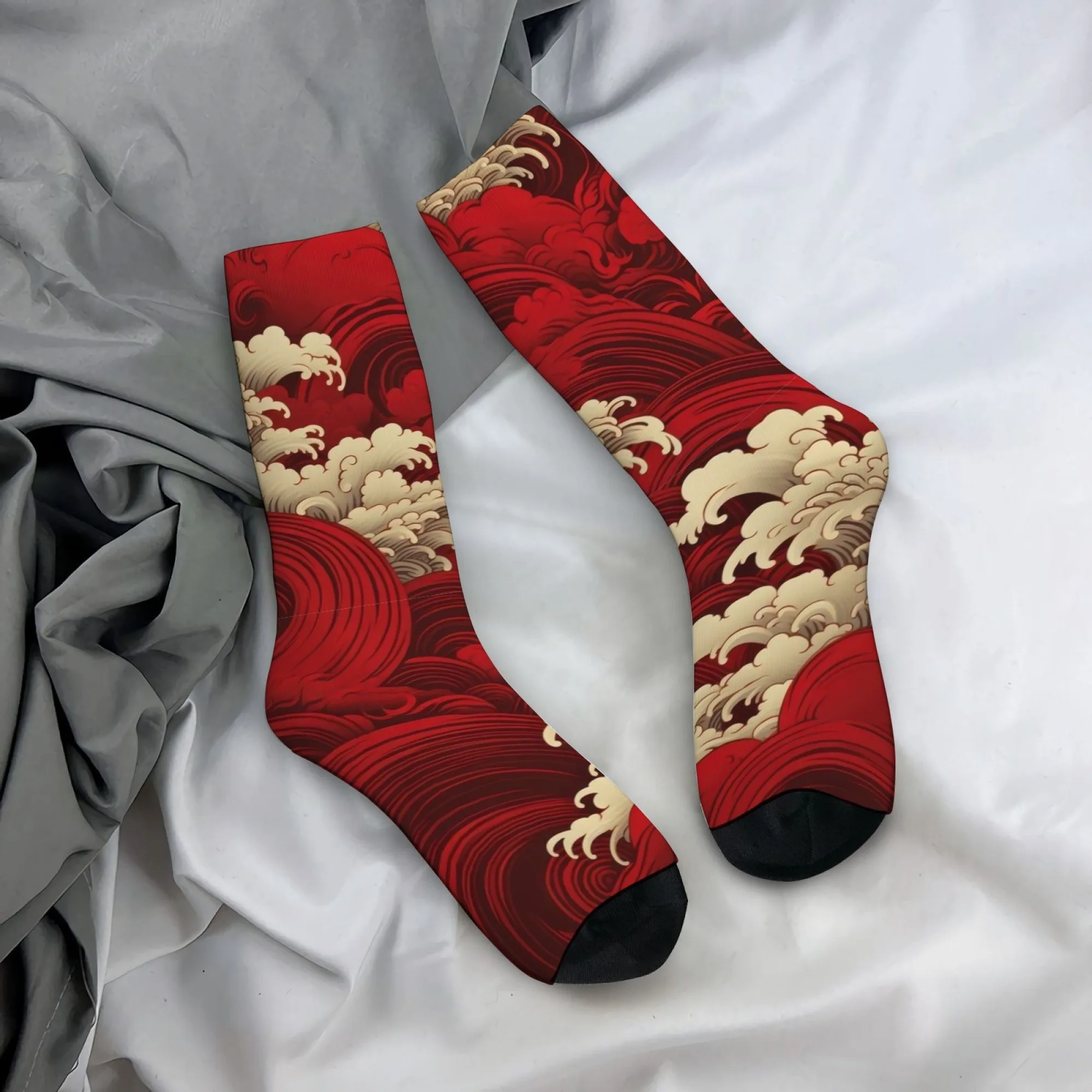 Waves and Auspicious Clouds Socks Creative Funny Soft Non-slip  Men's Socks Retro Art Style Trendy Socks Holiday Party Gifts