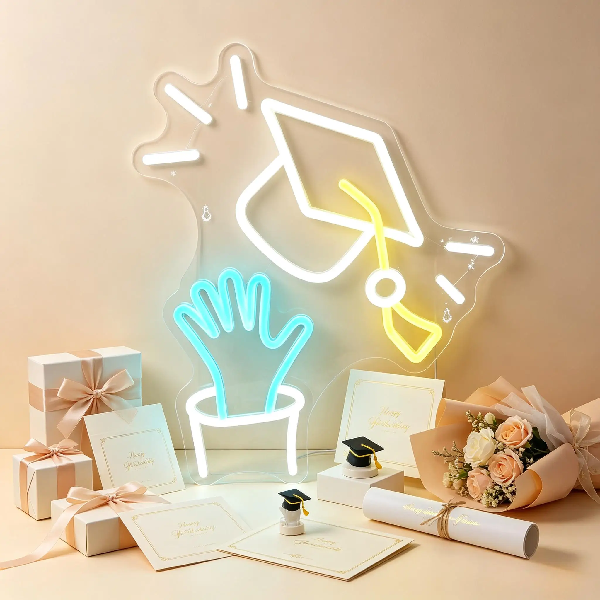 Graduation Cap Neon Sign USB Dimmable LED Light for College & High School Graduation Celebration Class Room Backdrop Wall Decor