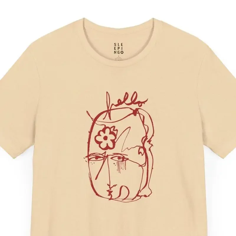 Beautiful Flower Face T Shirt Hello Script Abstract Sarcastic Smile Unique Red Line Art Drawing Top