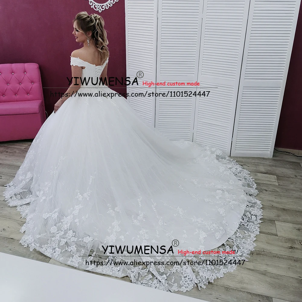 Vestido De boda De princesa De lujo para mujer, con apliques blancos, hombros descubiertos, cuello en V, con cordones, para novia, Fiesta