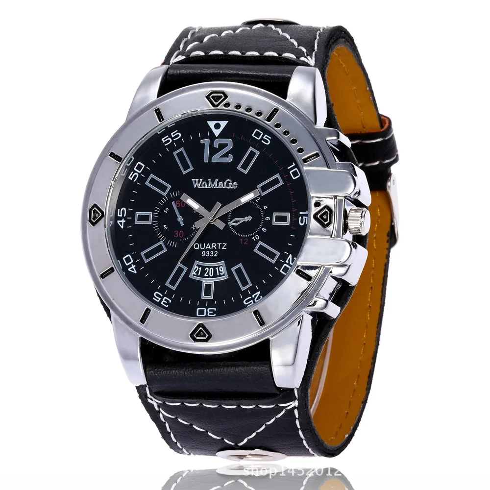 Womage Fashion Brand Watch Men Sport Big Watches Leather Strap Analog Quartz Wristwatches Montre Homme Relogio Masculino