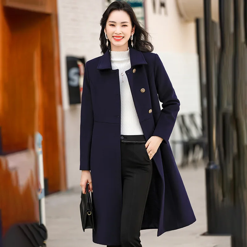 

Woolen Coat Thick Autumn Winter Slim Medium Long Fashionable Professional Women Jackets Outwear Overcoat Tops Clothes with Belt