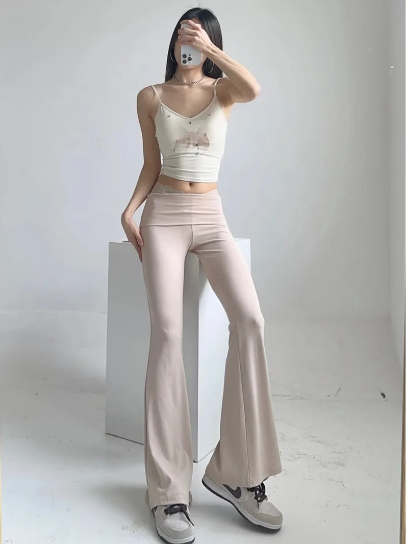 Spicy Girl Lace Cuffed High Waisted Micro Flared Pants Women\'s 2024 Summer Solid Slim Casual Yoga Long Pants Versatile G9XX