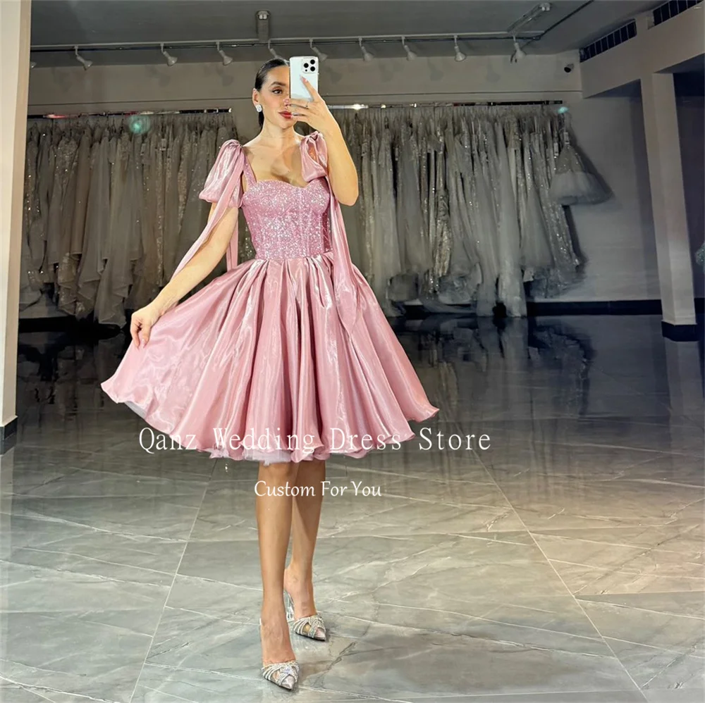 Qanz Pink Straps Prom Dresses Short A Line Sequined Vestidos De Graduación Glossy Satin Lace Up Back Birthday Dresses Customized