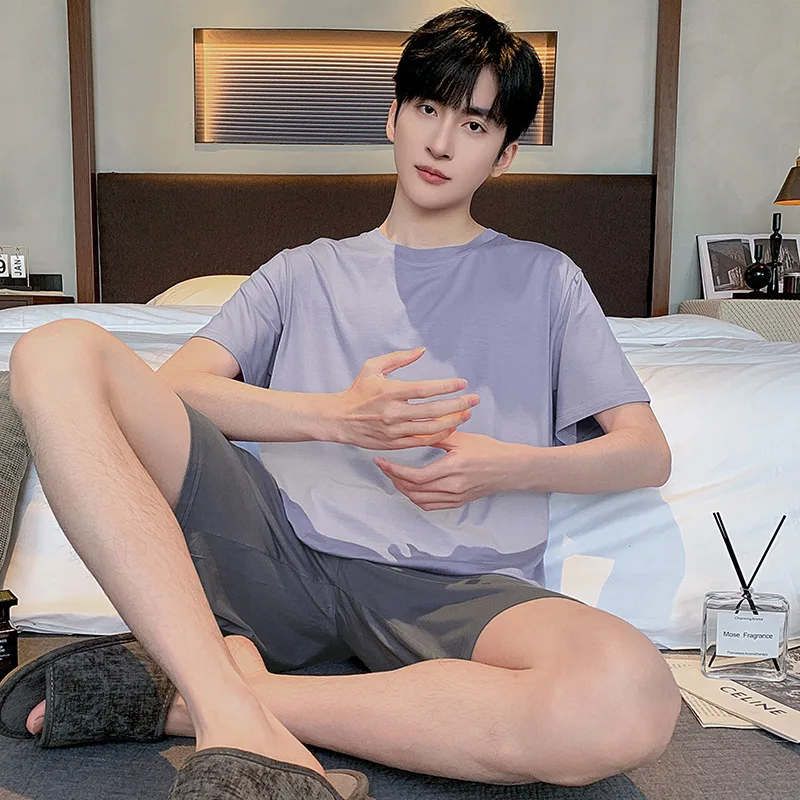 

2025 Men's Pajamas Summer Short-sleeved Modal Teen Simple Large Size Summer Thin Loungewear Suit Leisure Comfortable Young Male