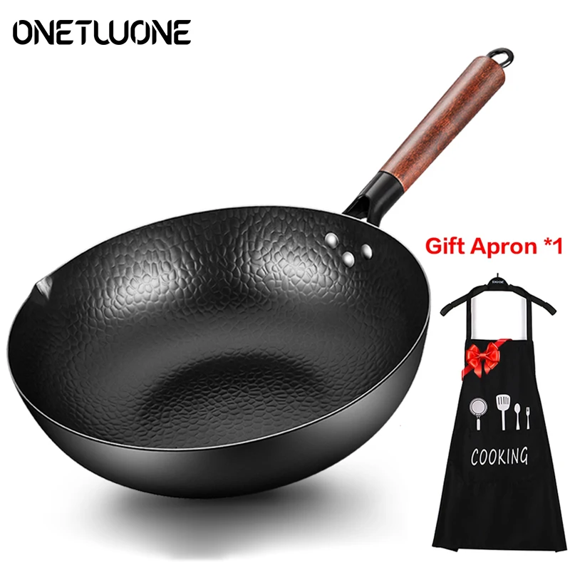 Sartén antiadherente de acero al carbono, Wok de hierro tradicional de 32cm con tapa para todas las estufas