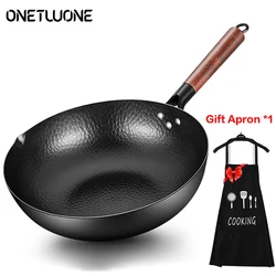 32cm Traditional Iron Wok Carbon Steel Wok Pan Non-stick Kitchen Cookwar Woks and Stir Fry Pans with lid for All Stoves