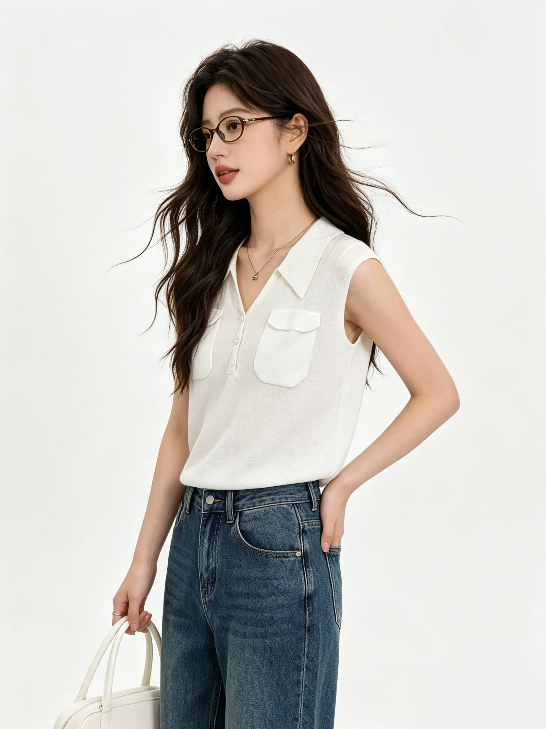 Breathable Korean Style Knitted Vest Women's Sleeveless Shirt Flip Collar Summer New Arrival Versatile Outerwear Pure Color