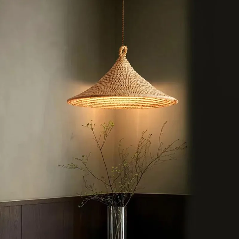 Japanese rattan art chandelier wabi sandy wind retro creative living room dining chandelier homestay rattan art straw hat led