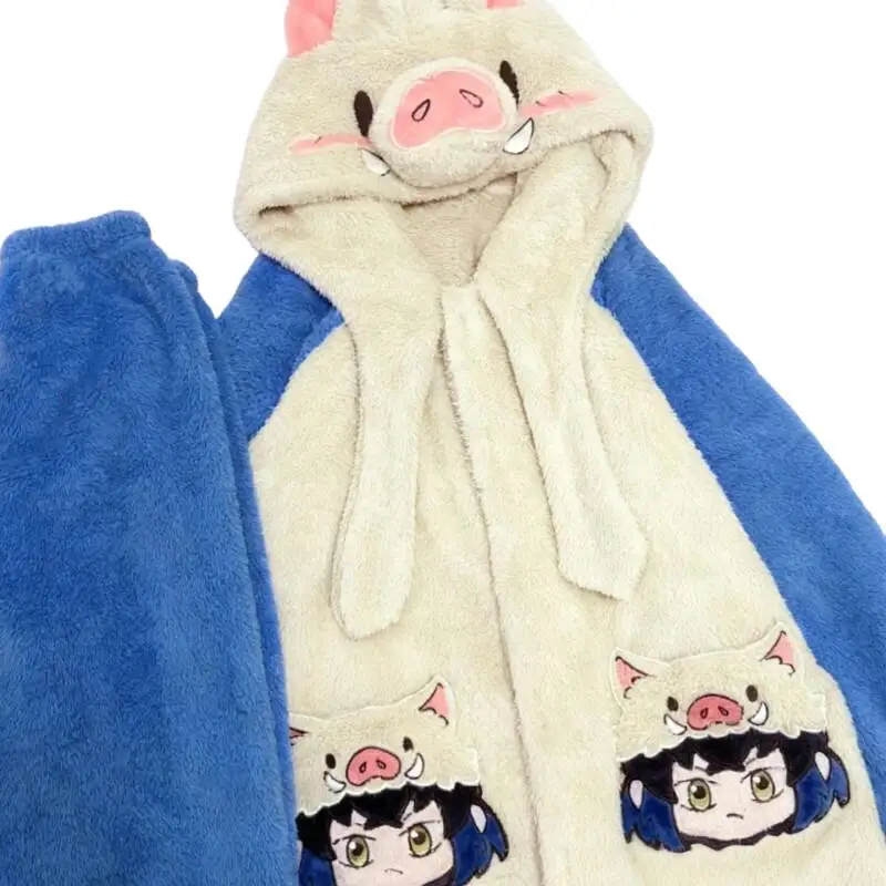 

Demon Slayer Anime Pajamas Inosuke Hashibira Peripheral Goods Sleepwear Coral Fleece Keep Warm Homewear Set Cartoon Cosplay Cute