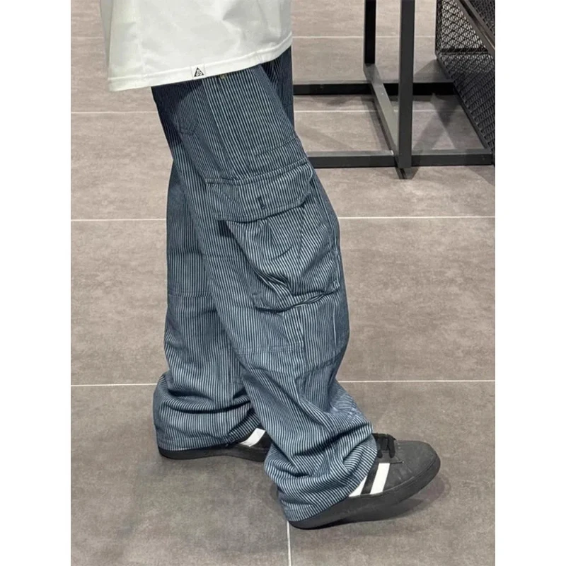 

American Style Hiphop Jeans High Street Vintage Striped Cargo Wide Leg Men Fashion Straight Pocket Loose All-match Trousers