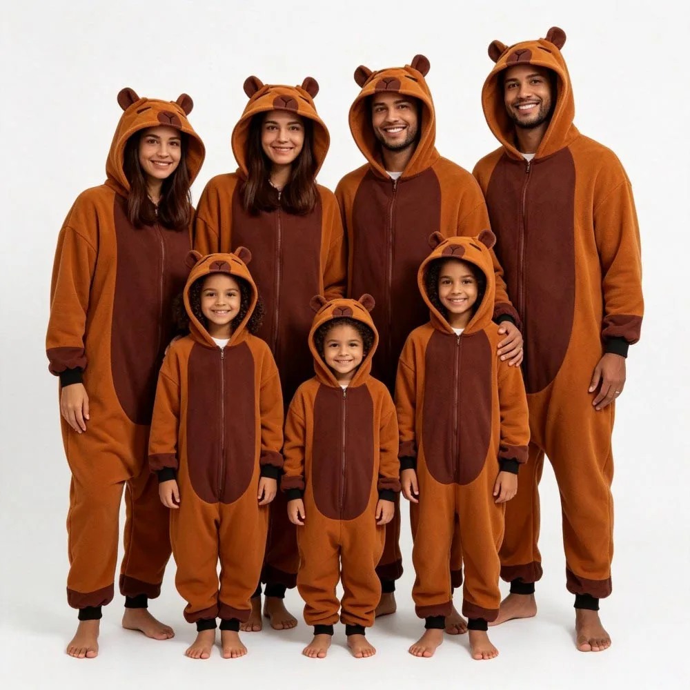Family Matching Kigurumi Capybara Pajamas One Piece Hooded Onesie Adult Kids Sleep Suit Cartoon Animal Pyjamas Halloween Costume