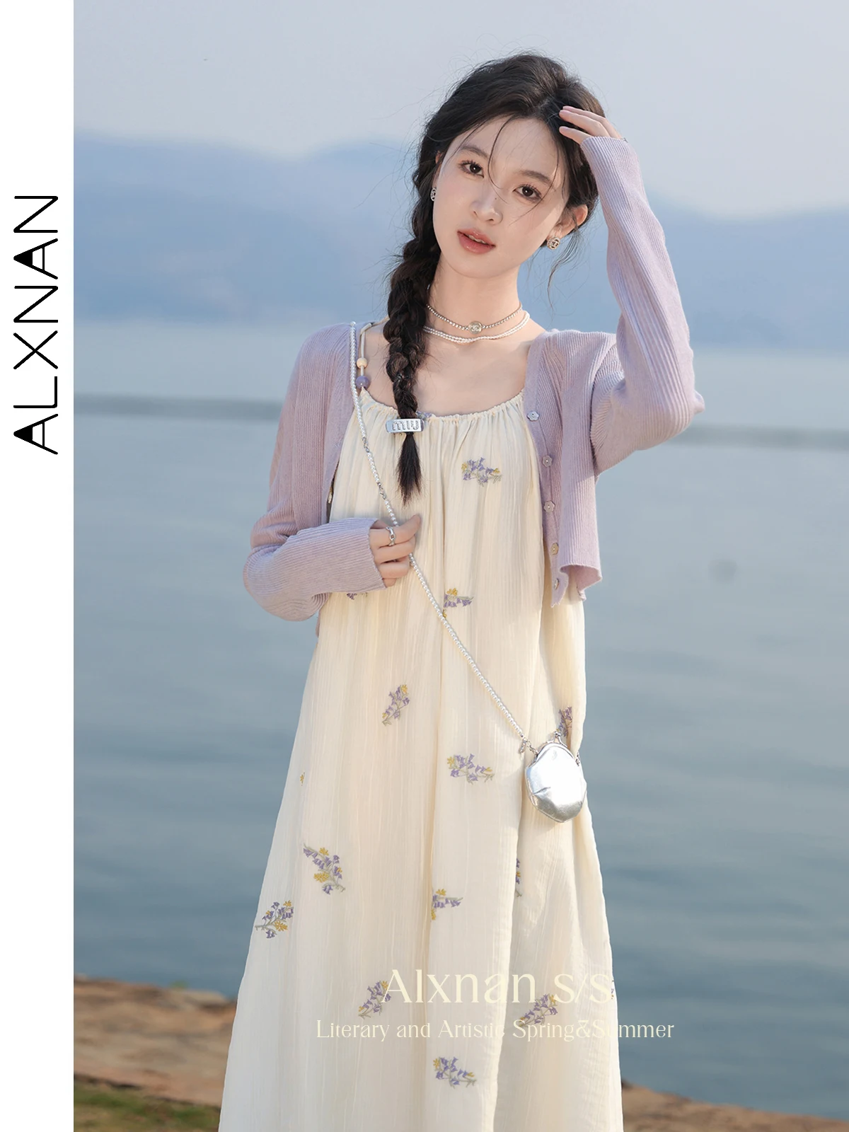 ALXNAN Elegant V Neck Cropped Cardigan for Women 2024 Spring Summer Purple Knitwear Womens Outerwear Female Clothing L33770SY