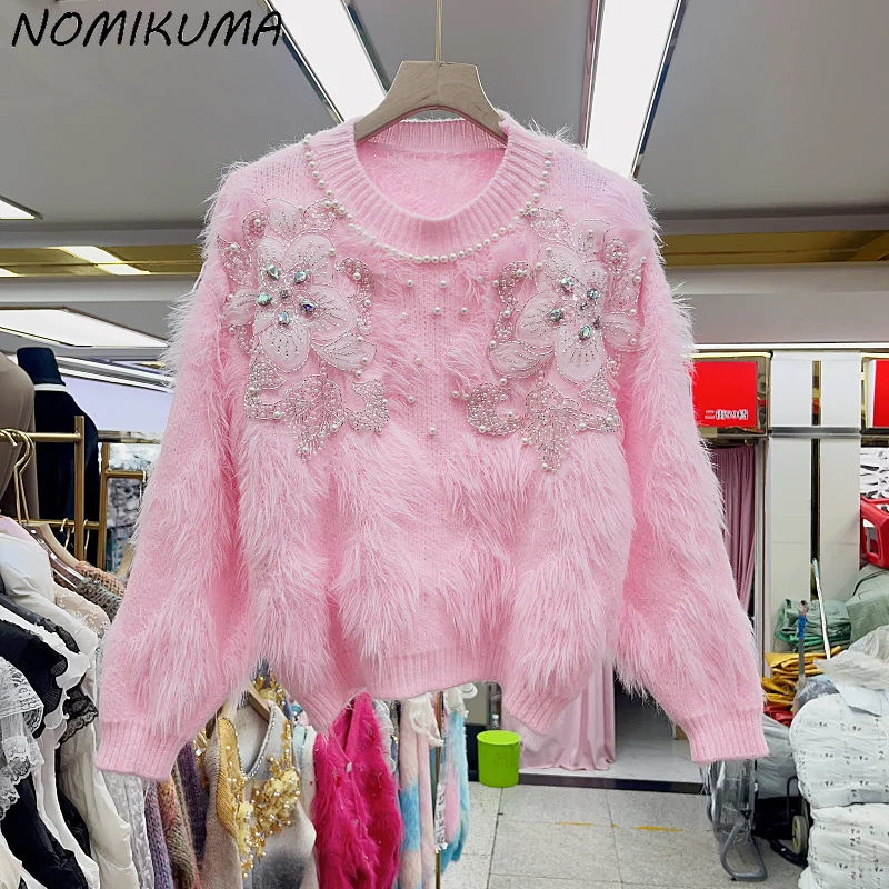 Nomikuma-suéter de cachemira de imitación de visón para mujer, Jersey de punto con lentejuelas y cuentas, cuello redondo, Color sólido, moda de otoño e invierno, 2023