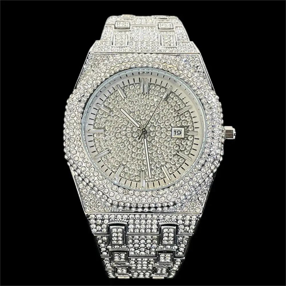 

Hot Brand Hip Hop Diamond Watch For Mens Luxury Silver Iced Out Quartz Wristwatch Fashion Stainless Steel Watch Man Dropshipping