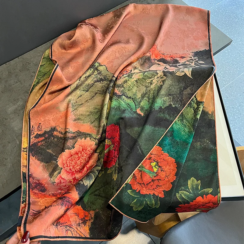 وشاح طويل راقِ على الطراز الصيني للنساء ، شاش سحابي عتيق ، طباعة زهرة لوتس ، شال مزدوج الوجهين اللون