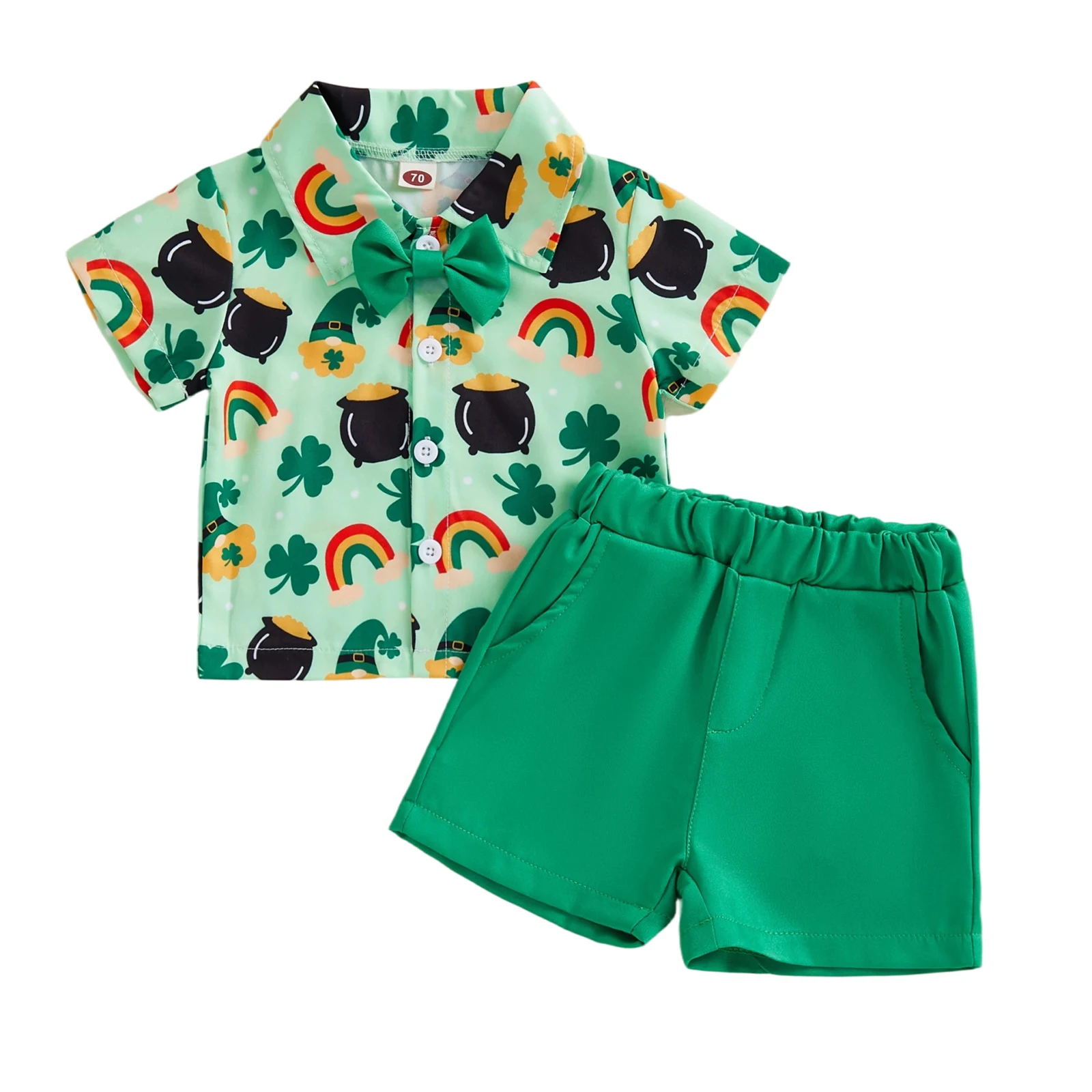 Toddler Baby Boy Irish Outfit Clover Rainbow Short Sleeve Bowtie Shirts and Solid Shorts 2 Piece Spring Set