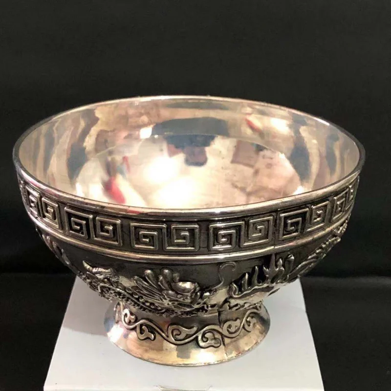 Antique Miscellaneous Factory Wholesale Vintage Distressed White Copper Bowl Dragon and Phoenix Pattern Miao Silver Wedding Bowl