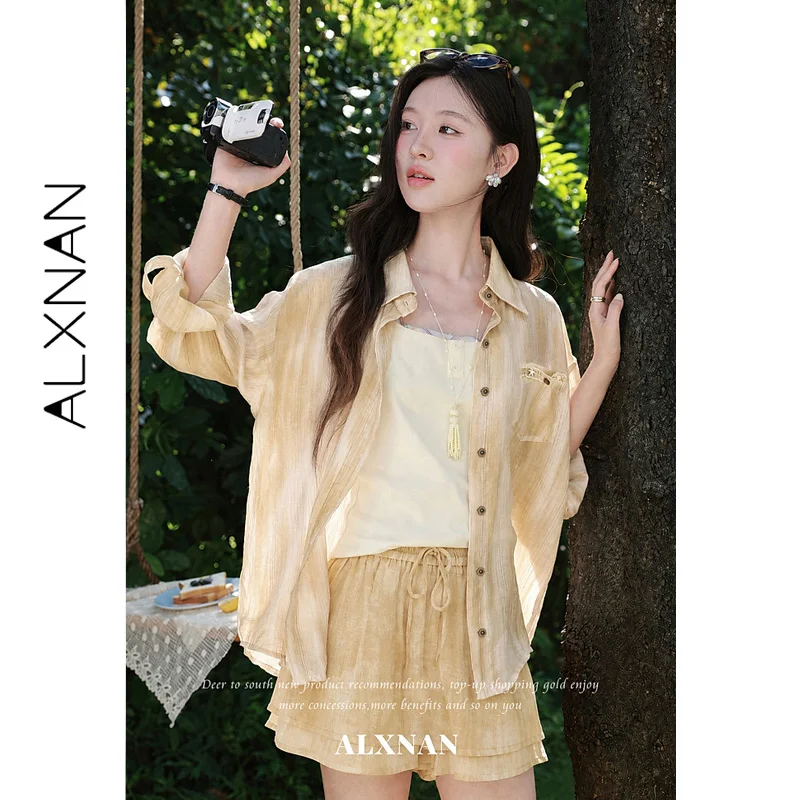 ALXNAN 2026 Summer Women's Yellow Shorts High Waist Drawstring Double Layer Hem Design Short Loose-fit Female Clothing L67301KZA
