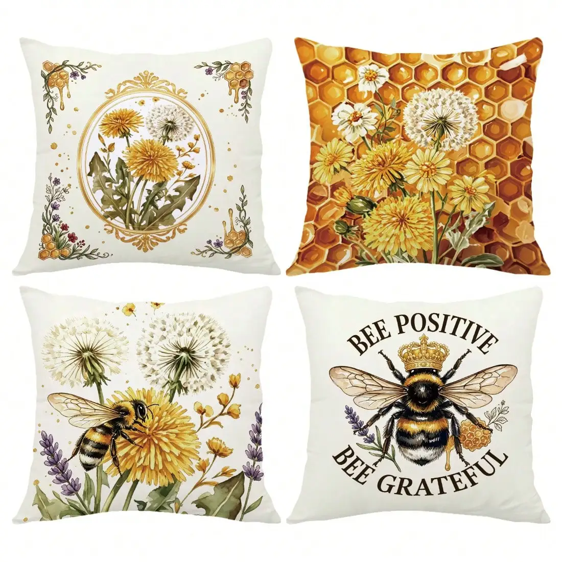 4pcs Watercolor Bee & Dandelion Illustration Print Pattern Throw Pillow Covers Polyester Material Pastoral Style Cushion Covers