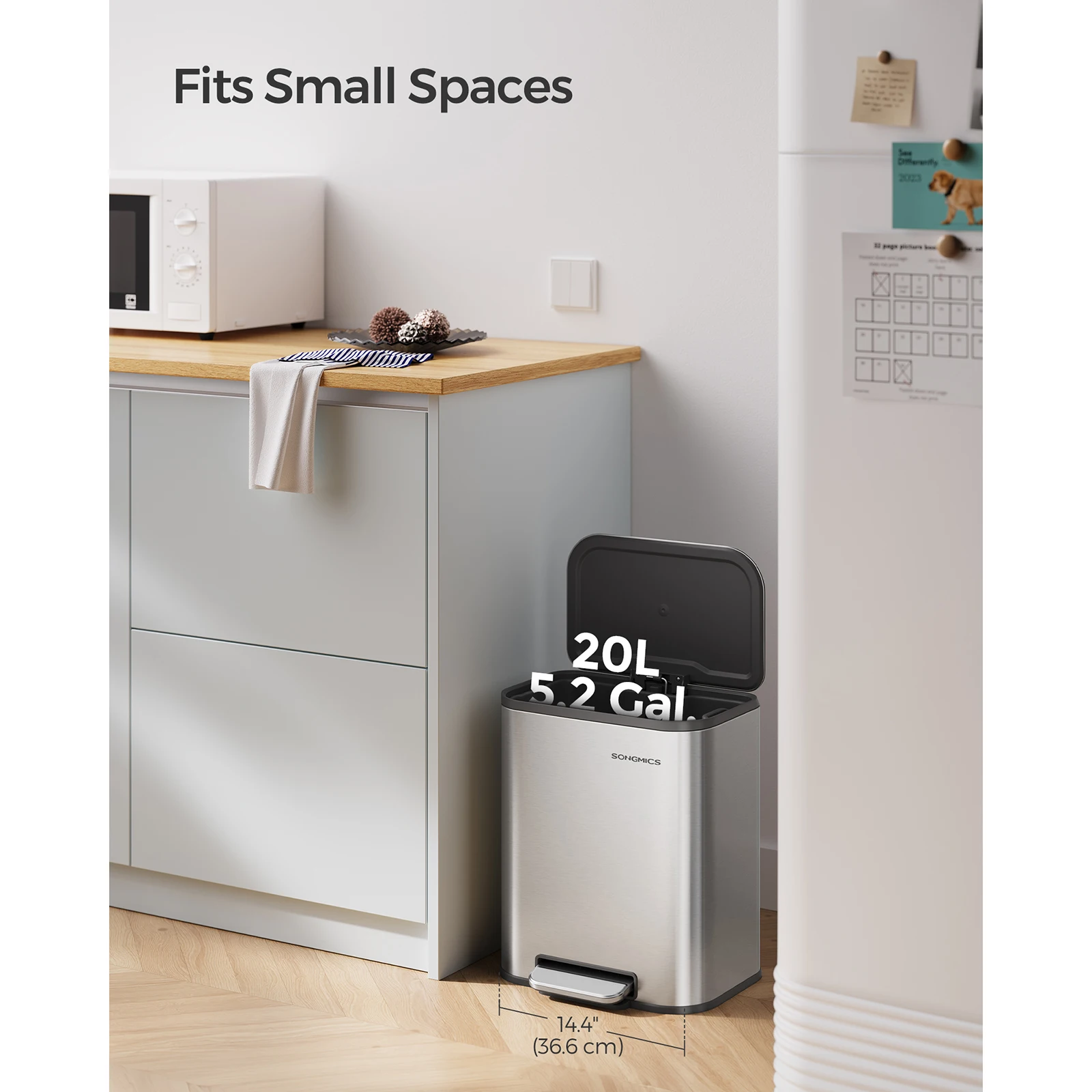 SONGMICS Kitchen Bin, 20L Pedal Bin, Steel Trash Bin, Soft-Close Lid, Stays Open, Inner Bucket, Wide Non-Slip Pedal