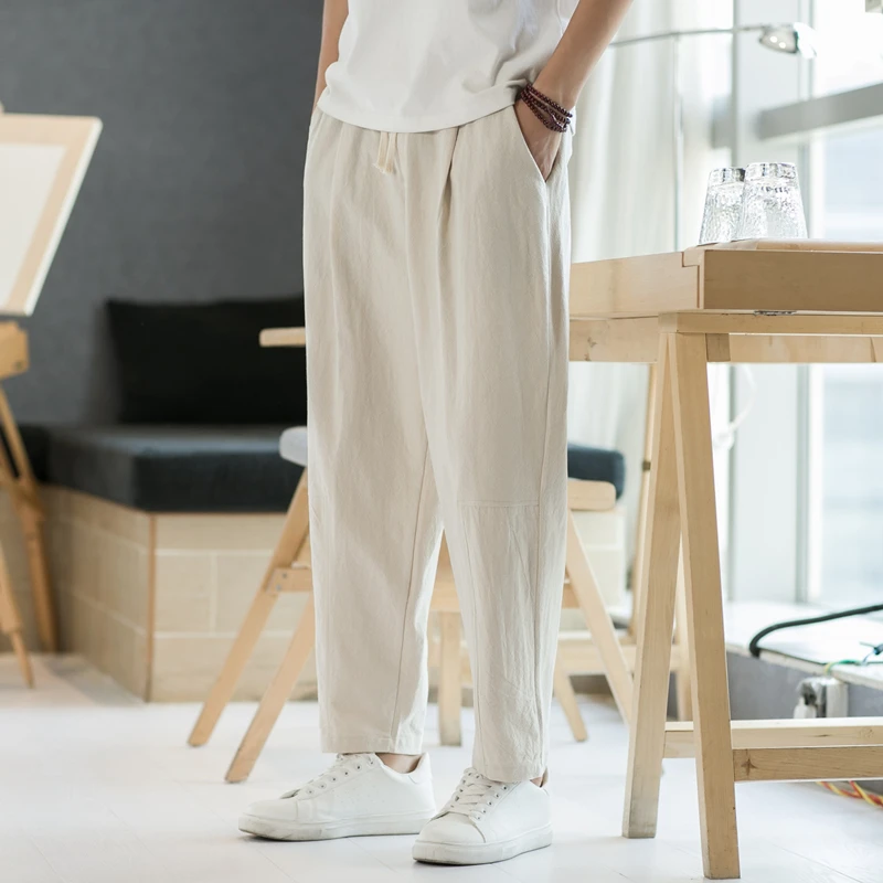 

Summer Thin Cotton Linen Men's Casual Pants Loose Harlan Nine-point Lantern Pants Youth Active Sle mid Waist Straight Leg