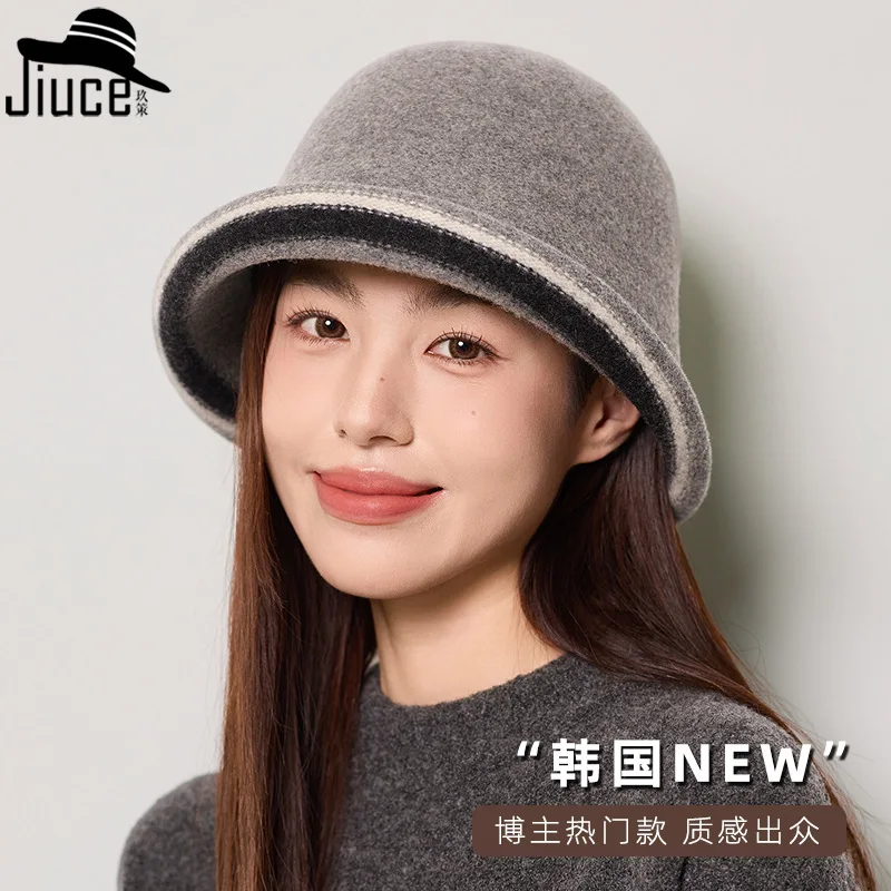 Versatile Wool Fisherman Hat Women Winter Simple Bucket Hat Contrasting Colors Upturned Edges Luxurious Bucket Hat 4m707
