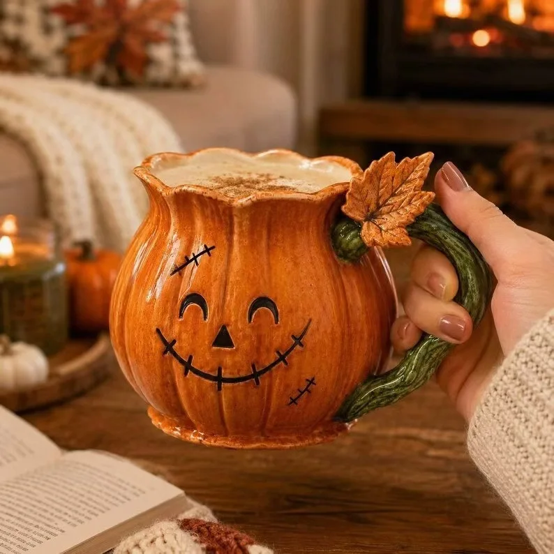 Halloween Pumpkin Mug with Handle Smiling Design Resins Cup for Candy Holders Party Table Coffee Bar Decors Fall Drinkware