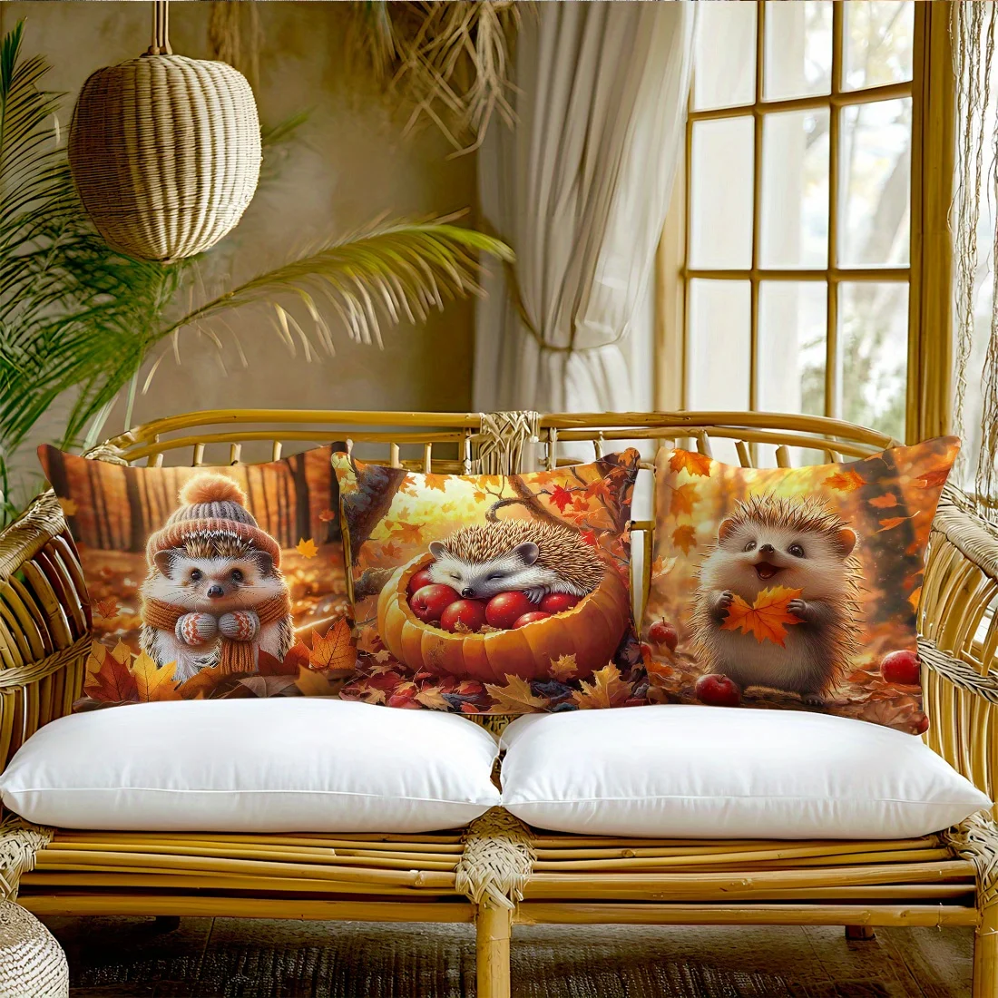 4pcs Autumn Harvest Hedgehog Pattern Pillow Covers for Sofa and Chair Decor Made of 100% Polyester Cushion Covers for Home Decor