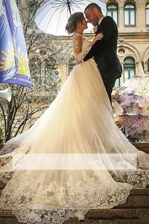 

Customized Modest Country Western Wedding Detachable Train Lace Long Sleeve Vintage Bridal Gowns Plus Size Vestido