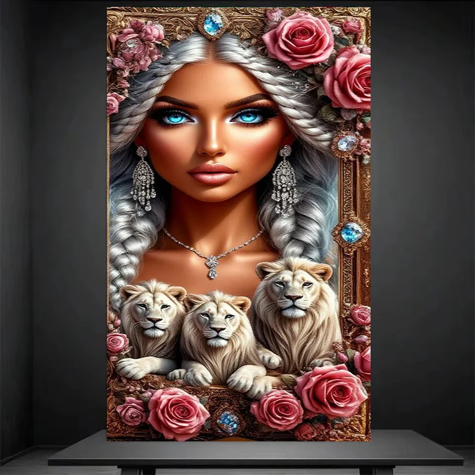 

Women And Lion Diamond Paintings Flower Full Diamond Art Embroidery New Arrivals 2025 Mosaic Picture Of Rhinestones Big Size