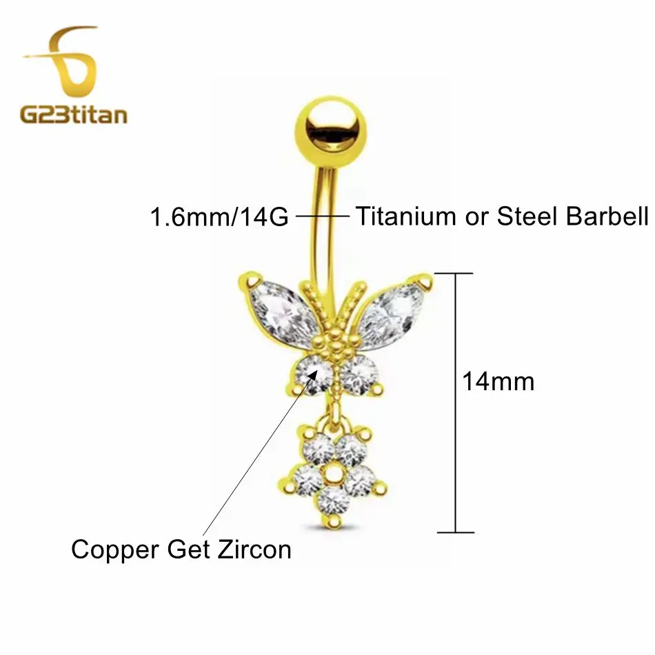 G23titan Butterfly Flower Zircon Pendant Belly Button Ring 14G Titanium Steel Barbell Piercing Body Accessories Navel Jewelry
