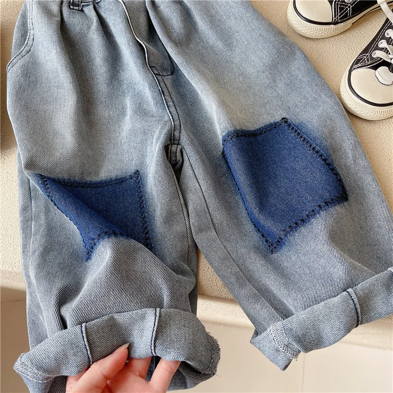 Spring and Autumn Children\'s Contrast Wide Leg Jeans Contrast Loose Relaxed Pants for Boys and Girls Jeans Baby Kids Trousers