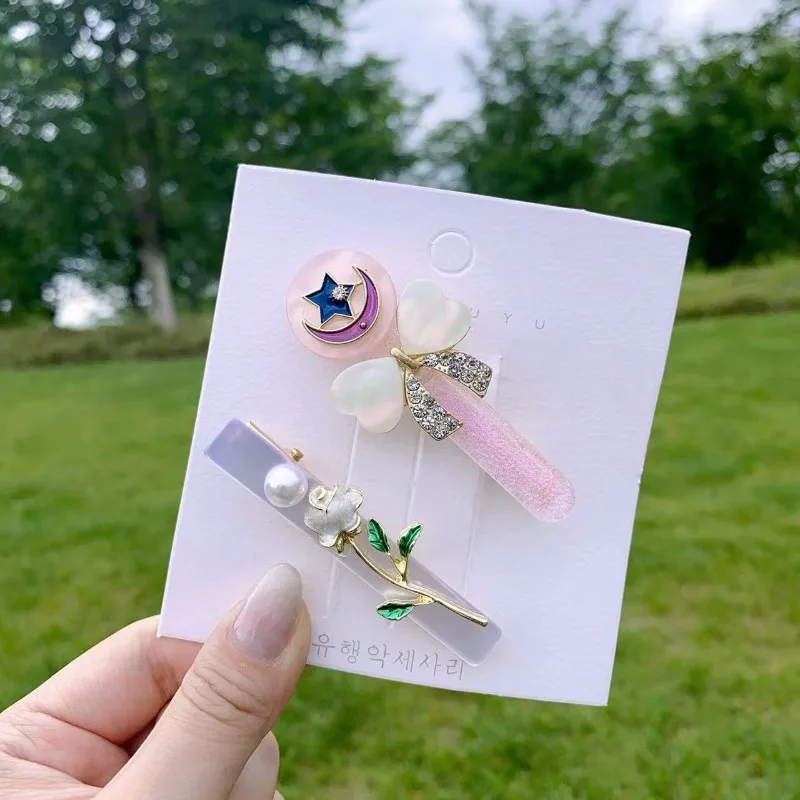 

New Korean Magic Stick Delicate Hairpin Cute Duck Beak with Flowers Sweet Side Bangs Hair Clip Star Moon Side Clip For Girls