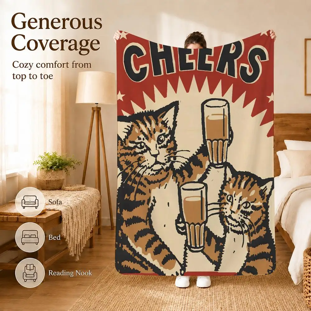 Funny Cheers Drunk Cats Throw Blanket Soft Flannel Throw Lightweight Summer Home Nap for Office Travel Sofa Bed